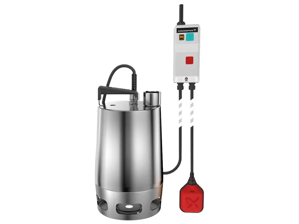 Edelstahl-Tauchmotorpumpe mit Kühlmantel von Grundfos. Ausgestattet mit einem abnehmbaren Schwimmerschalter und flexiblen Anschlüssen für Schmutzwasseranwendungen.